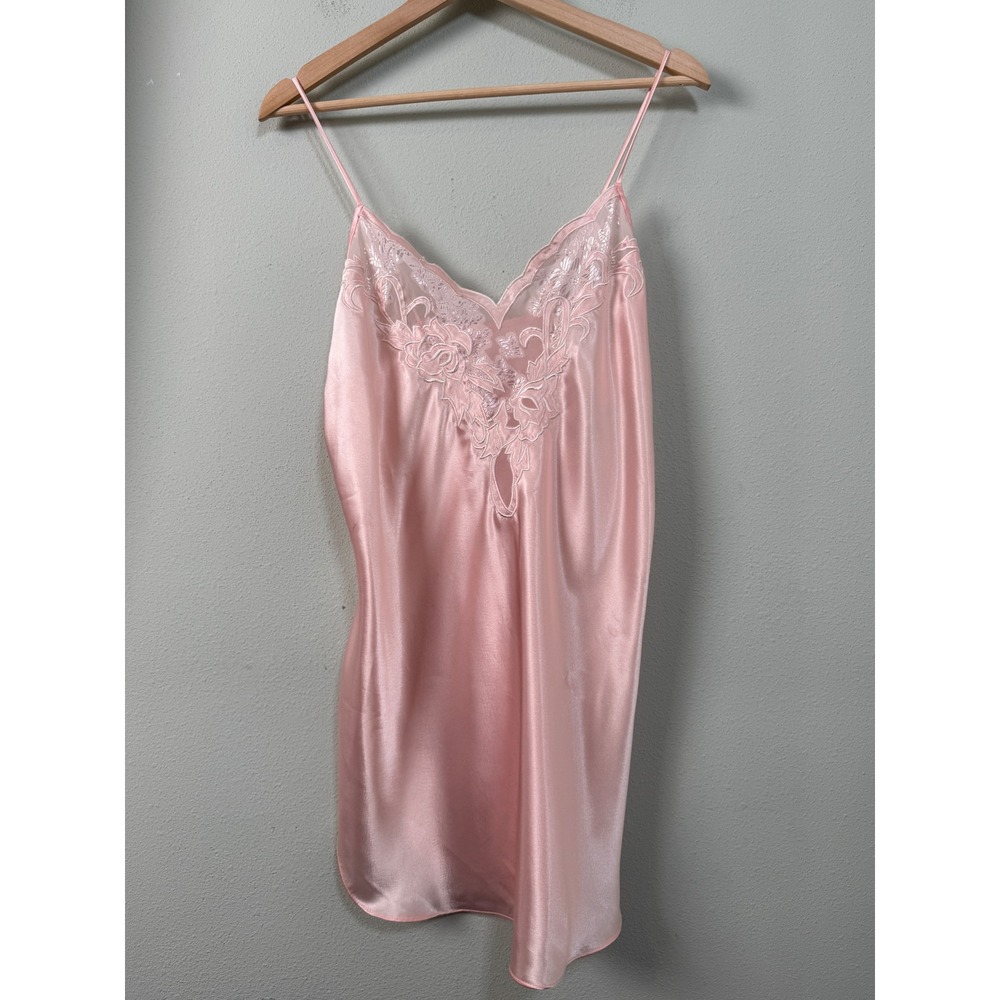 Vintage 90s Natori Pink Satin Floral Embroidered Chemise Nightgown Slip Dress S
